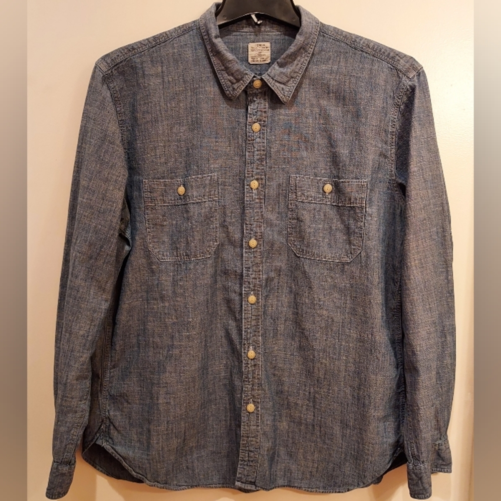 J Crew Button Up Collard Shirt Men XL Blue Denim Chambray Long Sleeve